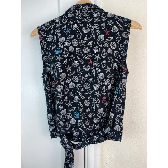 ModCloth Women's Size M Black Linen Blend Sleeveless Seashell Wrap Top - Picture 3 of 7